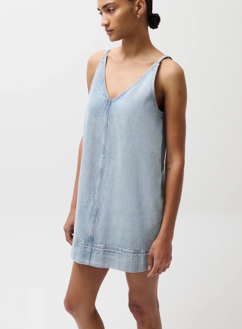 NWT Pistola Tavi Pop Over Denim Mini Dress Light Wash Blue Sleeveless Small